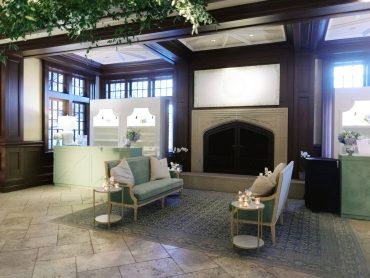 Green Louis Sofa with Marble Accent Tables, Annie Bar Facade- Straight, Harper Shelves, and Pearl Lamps at Dallas Country Club | Weddings a la Carte | The Garden Gate