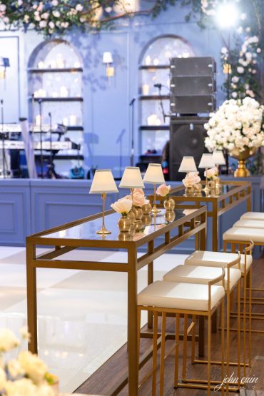 Gold and Mirrored Communal Table with Marilyn Barstools at Brook Hollow | Alison Baker Events