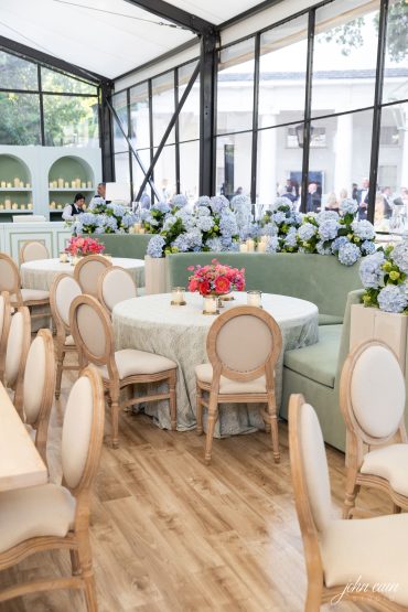 Parker Banquettes- Curved with Edward Dining Chairs in Natural Linen Cushions at Arlington Hall | Alison Baker Events | Three Branches Floral