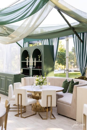 Sadie Curved Banquette with Bradley Dining Table-Round and Brady Dining Chairs at Arlington Hall Open House | Dr. Delphinium