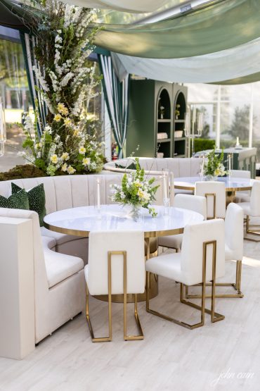 Sadie Curved Banquette with Bradley Dining Table-Round and Brady Dining Chairs at Arlington Hall Open House | Dr. Delphinium