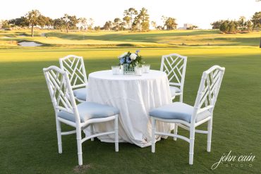 White Gracie Dining Chair with Light Blue Linen Cushion at Brook Hollow | Alison Baker Events