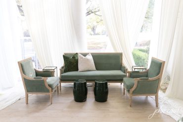 Green Louis Sofa with Green Louis Arm Chairs and Hunter Green Stools at Arlington Hall Open House | Dr. Delphinium