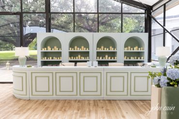 Customizable Estelle Bar Facade- Straight and Customizable Estelle Bar Facade- Corner Piece with Customizable Estelle Shelves and Celadon Lamps at Arlington Hall | Alison Baker Events | Three Branches Floral