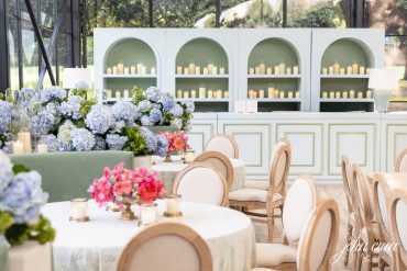 Customizable Estelle Bar Facade- Straight and Customizable Estelle Bar Facade- Corner Piece with Customizable Estelle Shelves and Celadon Lamps at Arlington Hall | Alison Baker Events | Three Branches Floral
