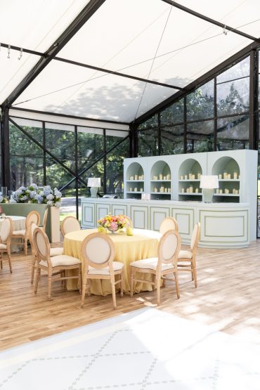 Customizable Estelle Bar Facade- Straight and Customizable Estelle Bar Facade- Corner Piece with Customizable Estelle Shelves and Celadon Lamps at Arlington Hall | Alison Baker Events | Three Branches Floral