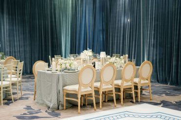 Edward Dining Chairs with Natural Linen Cushions at Hotel Crescent Court | Social Graces Weddings and Events | Poppy Lane Design