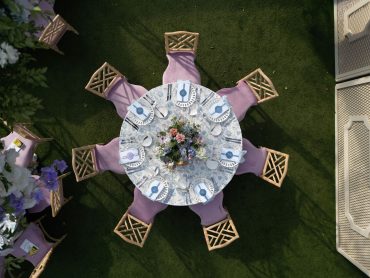Natural Wood Gracie Dining Chairs with Lilac Velvet Cushions at Alex Camp House at the Dallas Arboretum | Pop Parties